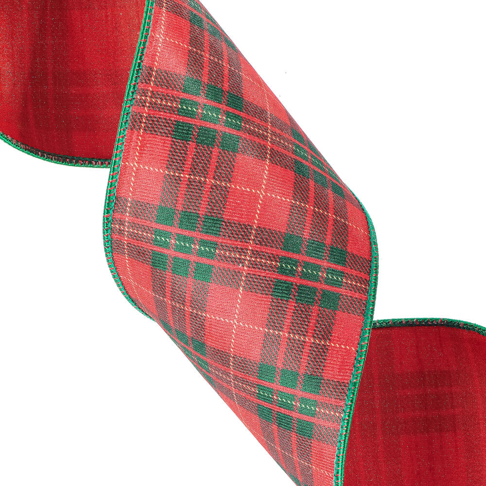 Vickerman 4" x 10 Yards Red/Green Plaid Wired Edge Christmas Ribbon.