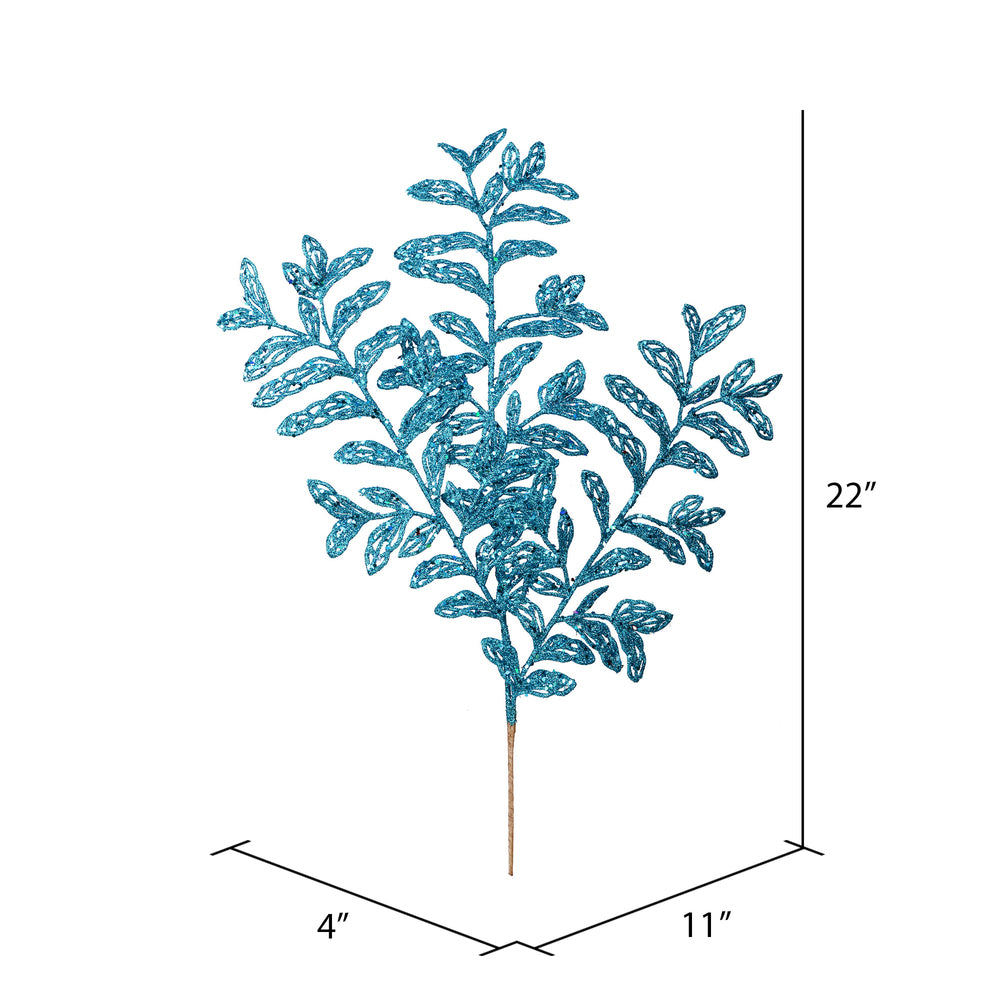 Vickerman 22" Turquoise Bipinnate Glitter Leaf Artificial Christmas Spray. Includes 12 sprays per pack.