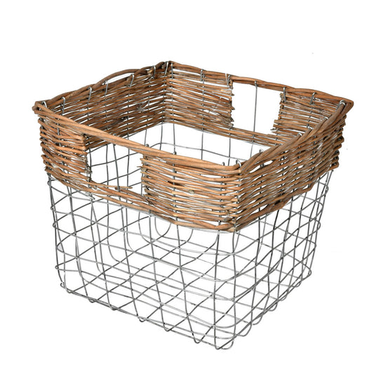 Vickerman 10.5" Square Wire Basket with Woven Bamboo. This basket features a wire structure with the top section wrapped in bamboo. The chunky spacing between wires allows you to see what is inside. This basket is perfect for storing items such as rolled