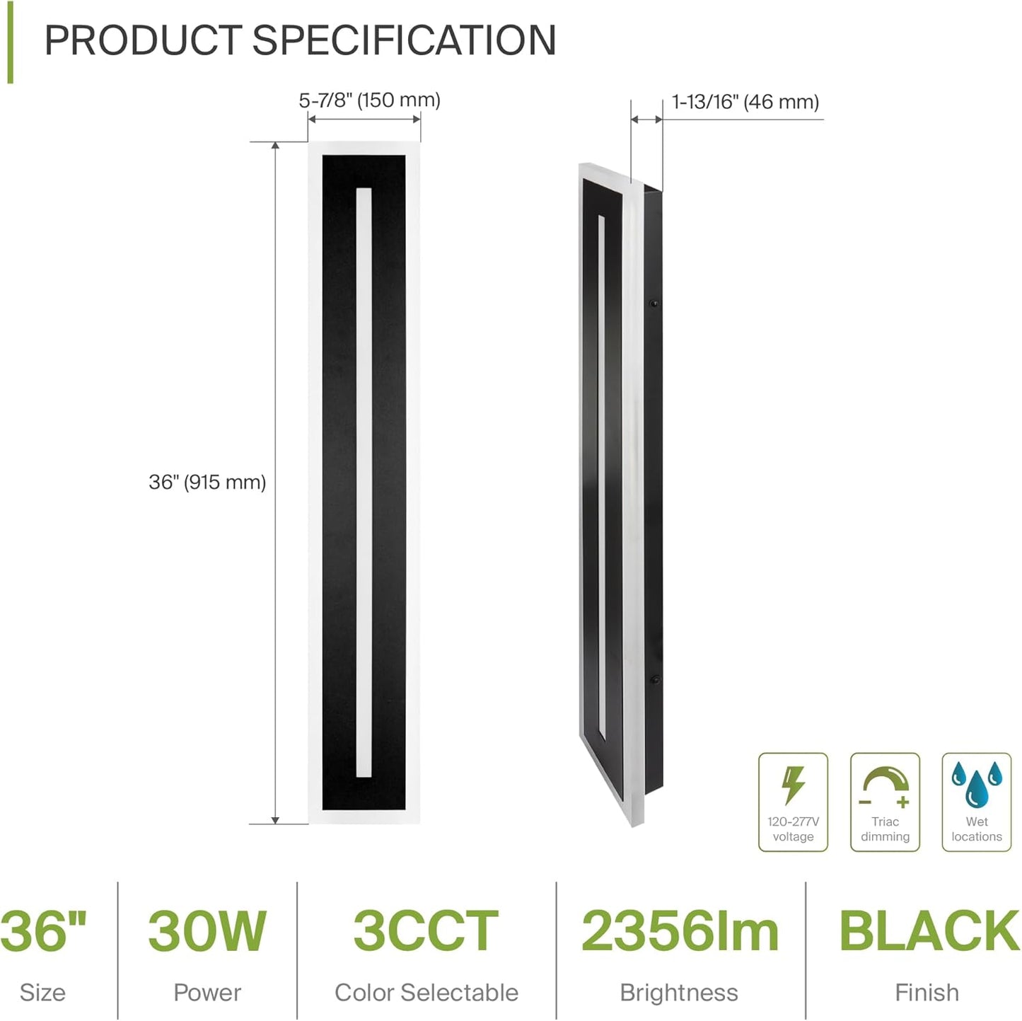 ASD Lighting LED Outdoor Wall Sconce with Center Light 36" 30W 120-277V CCT Selectable 3000/4000/5000K Dimmable Black ETL