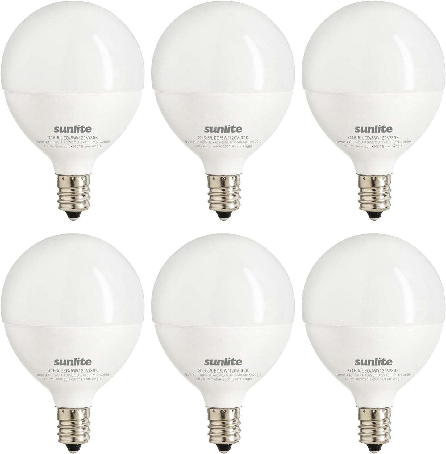 Sunlite LED G16.5 Frosted Globe Light Bulb, 5 Watts (40W Equivalent), 350 lumens, Dimmable, Candelabra Base (E12), 120 Volts, ETL Listed, 260 Degree Beam Angle, 3000K Warm White, 6 Pack