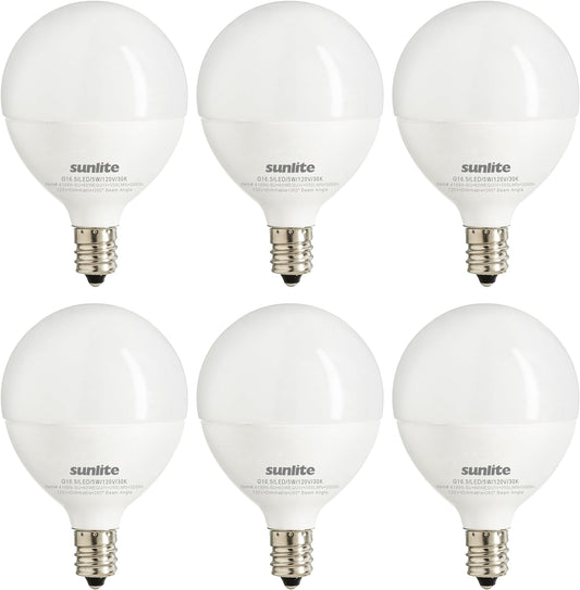 Sunlite LED G16.5 Frosted Globe Light Bulb, 5 Watts (40W Equivalent), 350 lumens, Dimmable, Candelabra Base (E12), 120 Volts, ETL Listed, 260 Degree Beam Angle, 3000K Warm White, 6 Pack