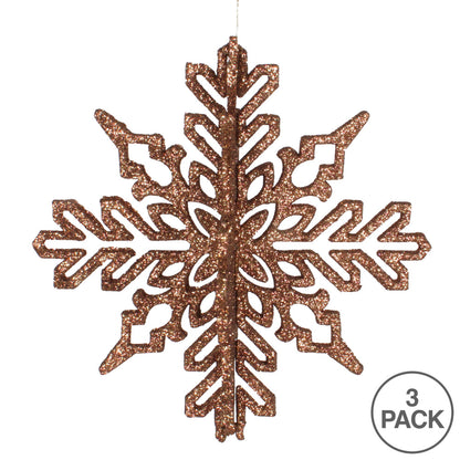 Vickerman 6" Mocha 3D Glitter Snowflake Christmas Ornament Set of 3