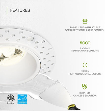 ASD Lighting LED Trimless Downlight Gimbal Round 2inch 8W 120V Triac 2700/3000/3500/4000/5000K White ETL Energy Star