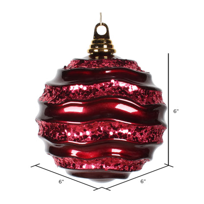 Vickerman6" Burgundy Stripe Candy Finish Wave Ball Christmas Ornament with Glitter Accents