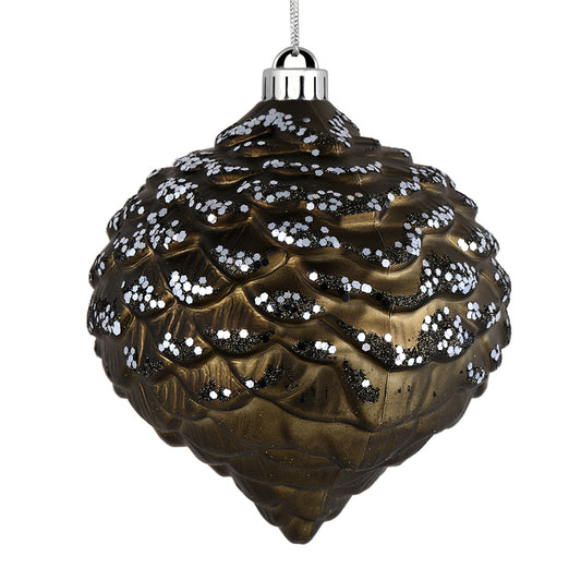 Vickerman 6" Gunmetal Glitter Ornament. This ornament features a matte embossed top with glitter accents and a shiny bottom. The variety of finishes on this ornament creates elegance that will complement any holiday decorating project. Made with shatterpr
