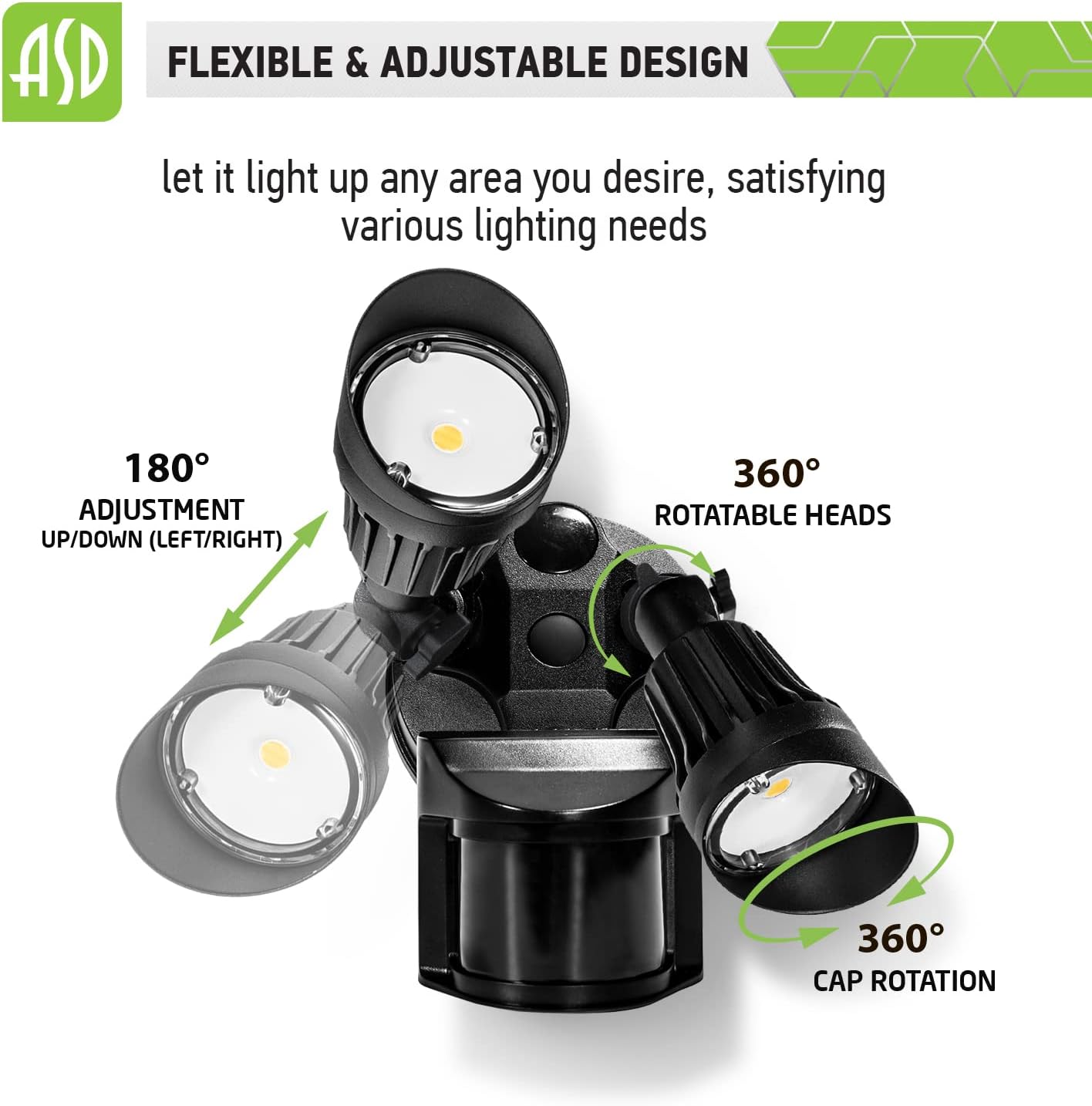 ASD Lighting LED Security Floodlight 2 round heads 20W 120-277V CCT Selectable 3000/4000/5000K with 180° Motion Sensor and Photocell Black ETL