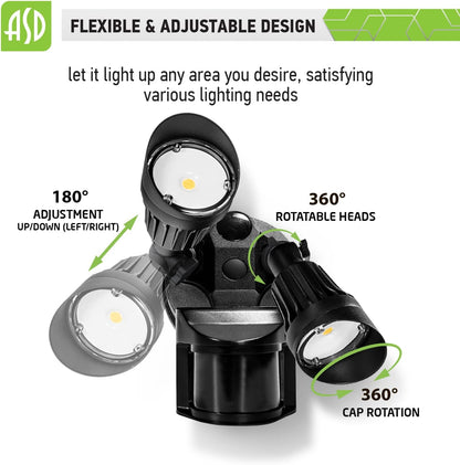 ASD Lighting LED Security Floodlight 2 round heads 20W 120-277V CCT Selectable 3000/4000/5000K with 180° Motion Sensor and Photocell Black ETL