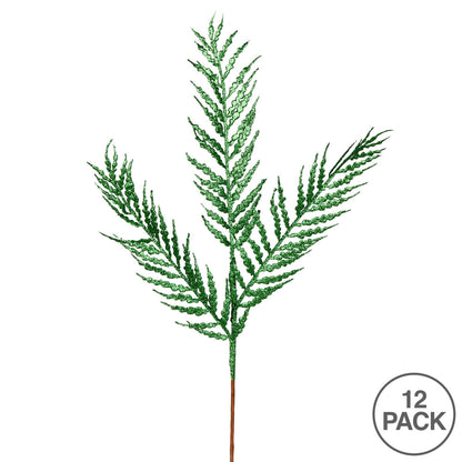Vickerman 21" Green Glitter Feather Fern Artificial Christmas Spray. Includes 12 sprays per pack.