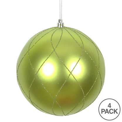 Vickerman 4" Lime Matte and Glitter Swirl Ball Ornament 4 per Box