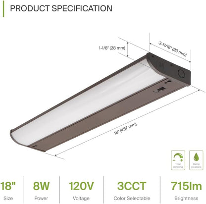 ASD Lighting LED Under Cabinet Bullnose 18" 8W 120V Dimmable CCT Selectable 3000/4000/5000K Hardwired, On/Off Switch, Oil Rubbed Bronze ETL Energy Star