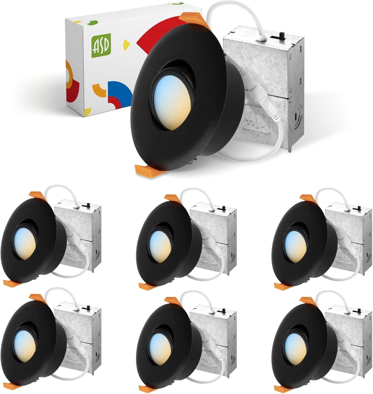 ASD Lighting LED Round Recessed Mini Panel Gimbal Airtight 3" 6W 120V Dimmable CCT Selectable 2700/3000/3500/4000/5000K Black UL 6pack
