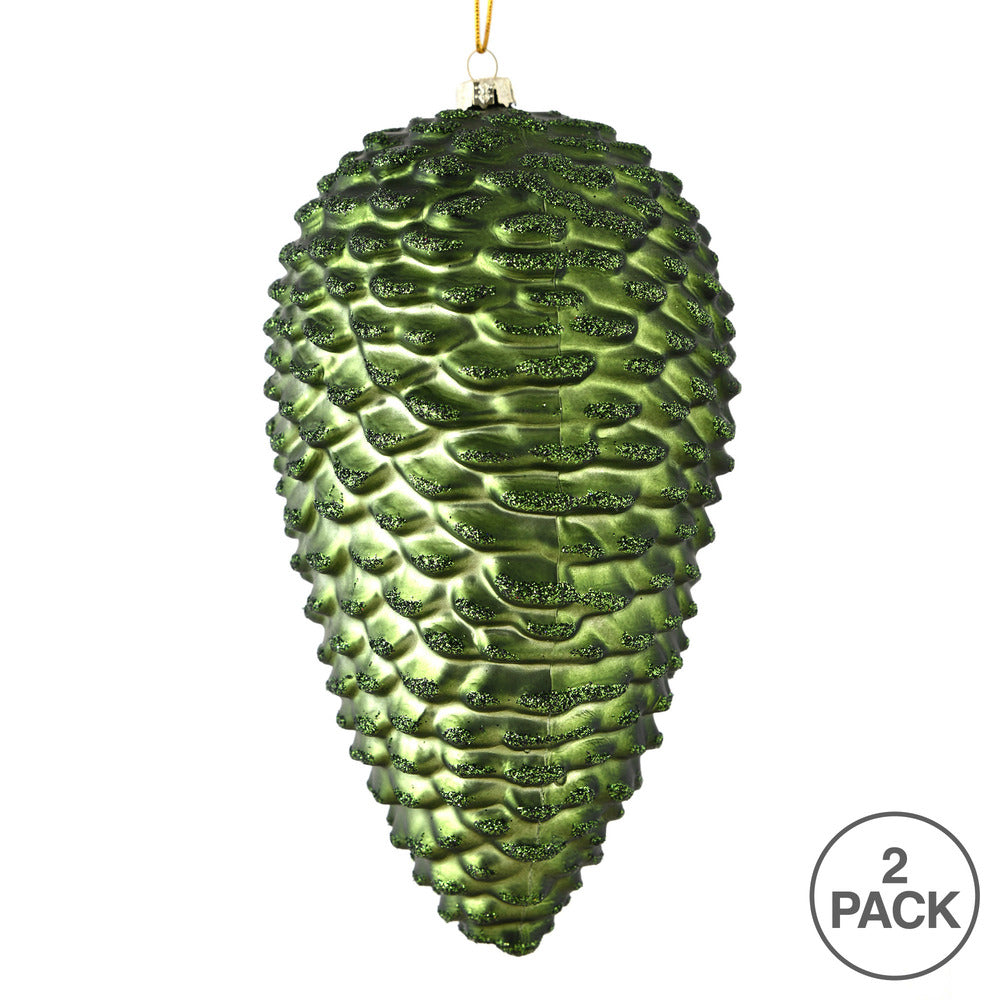 Vickerman 10" Moss Green Matte Glitter Pinecone Christmas Ornament Pack of 2