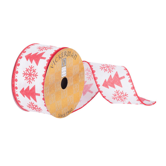 Vickerman 2.5" x 10 Yards White and Red Tree Snowflake Christmas Ribbon