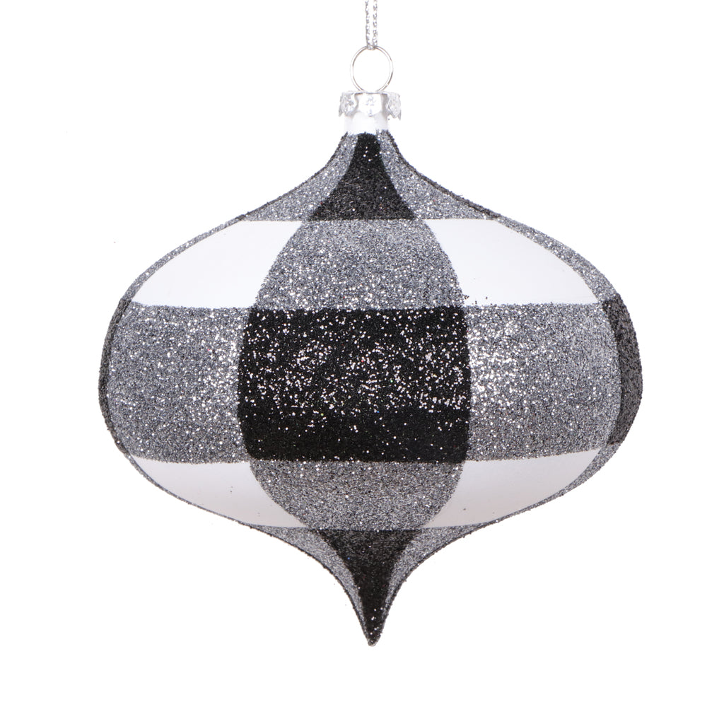 Vickerman 4" White Black Plaid Glitter Onion Ornament 3 per bag.