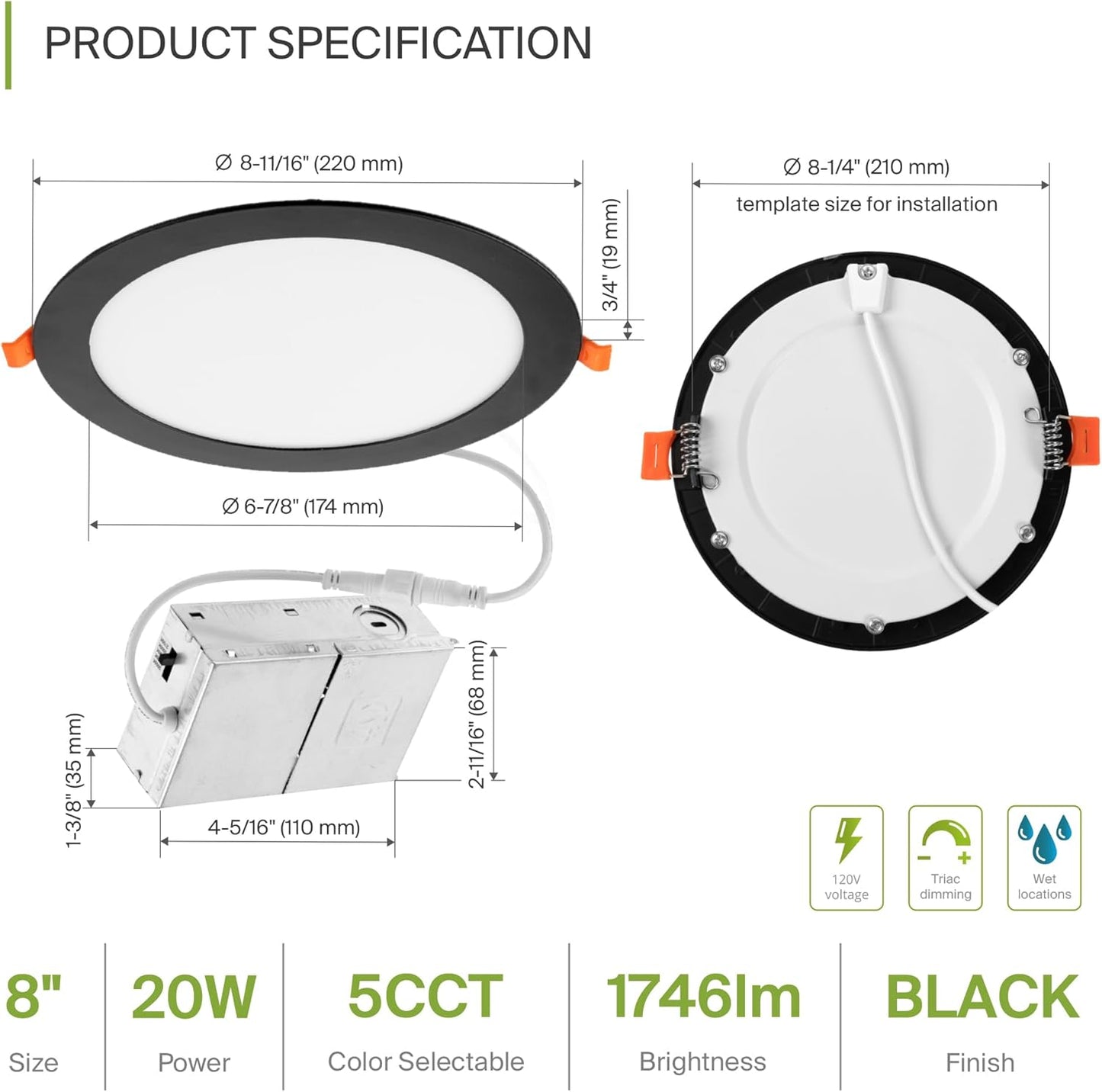 ASD Lighting LED Recessed Mini Panel Round 8inch 20W 120V Triac 2700/3000/3500/4000/5000K Black UL Energy Star