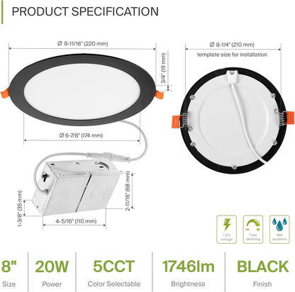 ASD Lighting LED Recessed Mini Panel Round 8inch 20W 120V Triac 2700/3000/3500/4000/5000K Black UL Energy Star