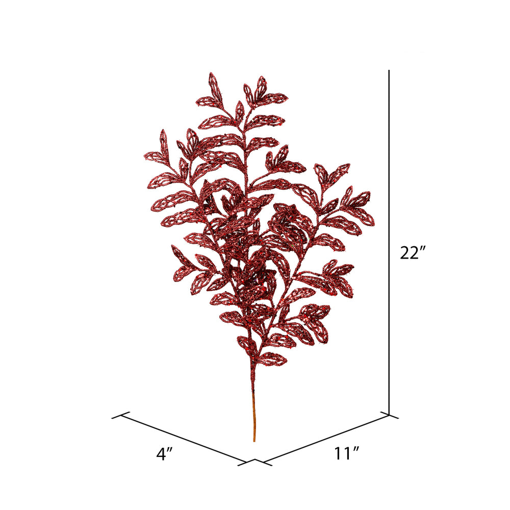 Vickerman 22" Burgundy Bipinnate Glitter Leaf Artificial Christmas Spray. Includes 12 sprays per pack.
