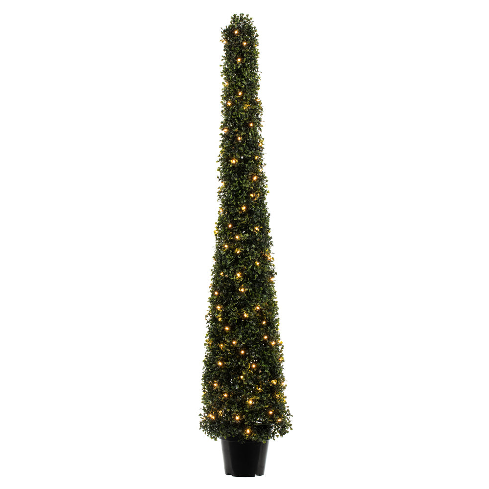 Vickerman 5' Potted Artificial Boxwood Cone with 150 Warm White LED Lghts.