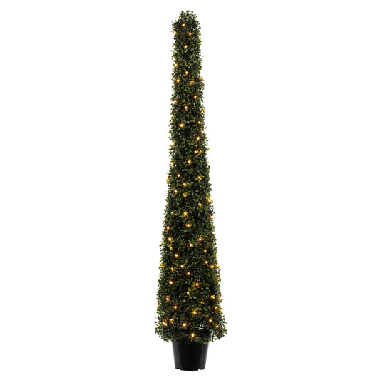 Vickerman 5' Potted Artificial Boxwood Cone with 150 Warm White LED Lghts.