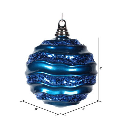 Vickerman 8" Sea Blue Stripe Candy Finish Wave Ball Christmas Ornament with Glitter Accents