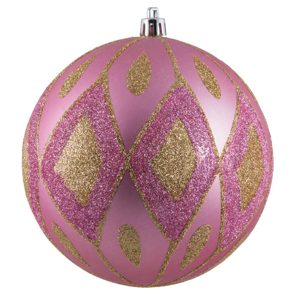 Vickerman 4.75" Pink Matte Ball with Glitter Diamond Pattern. Add variety and sparkle to your holiday arrangement with this matte ornament that features a glitter pattern. Includes 4 pieces per bag. Made with shatterproof plastic. Ornament has a drilled c