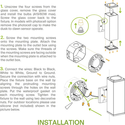 ASD Lighting BULB Square Outdoor Wall Cylinder, Up or Downlight Fixture, 120V, 60W Max, 7.88", 50°, Black Finish, 2Pack
