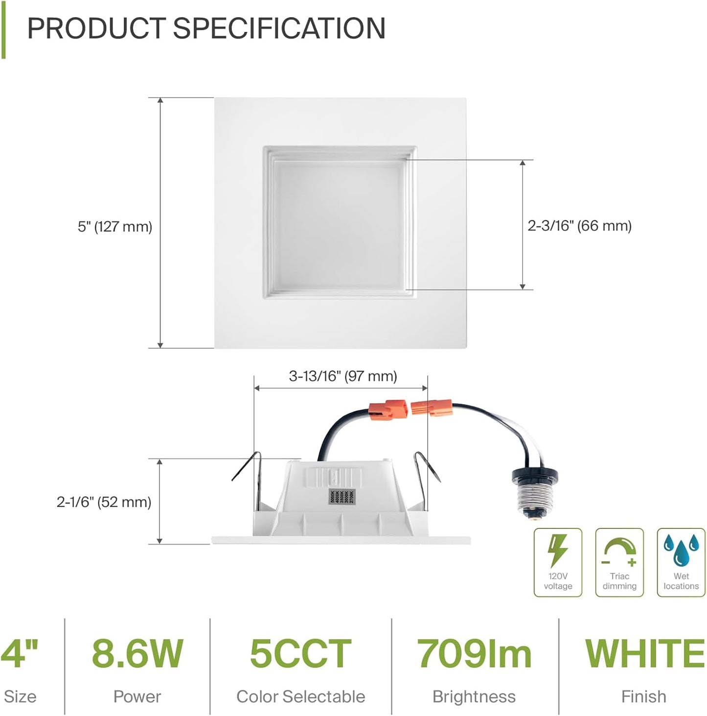 ASD Lighting LED Square Downlight Retrofit Kit 4" 8.6W 120V CCT Selectable 2700/3000/3500/4000/5000K Dimmable PC, Baffle Trim, White UL 6pack