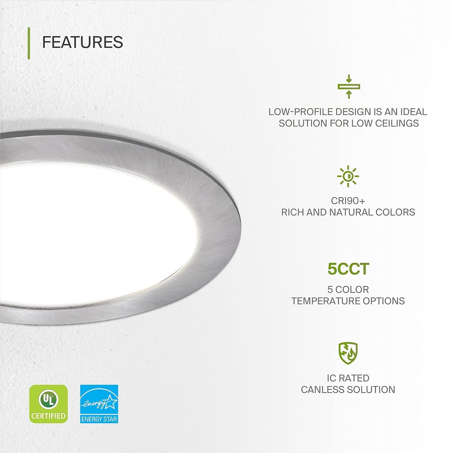 ASD Lighting LED Round Recessed Mini Panel 6" 15W 120V Dimmable CCT Selectable 2700/3000/3500/4000/5000K Brushed Nickel UL Energy Star 6pack