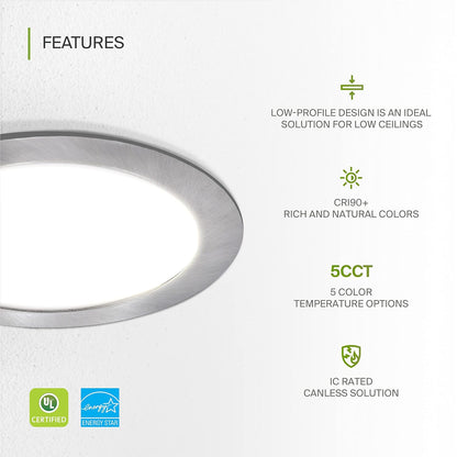 ASD Lighting LED Round Recessed Mini Panel 6" 15W 120V Dimmable CCT Selectable 2700/3000/3500/4000/5000K Brushed Nickel UL Energy Star 6pack