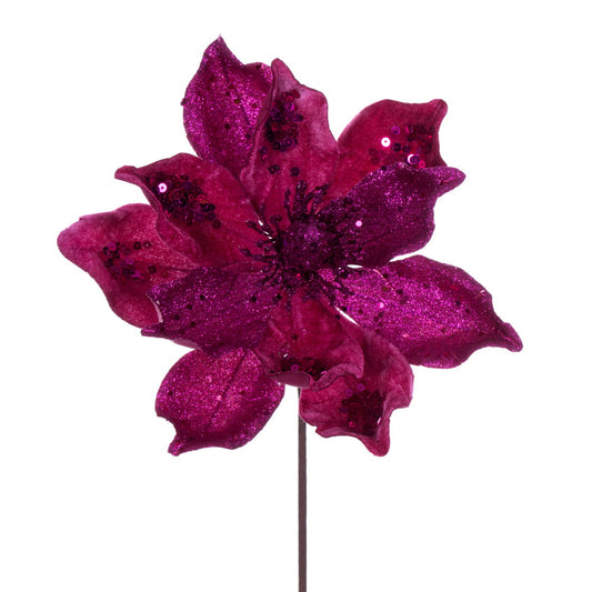 Vickerman 15" Artificial Cerise Deluxe Magnolia Christmas Stem 8" Flower 6 per bag