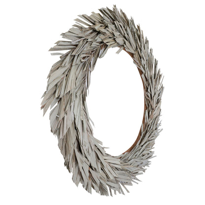 Vickerman Natural Botanicals 24" Natural Canna Leaf Wreath. This wreath measures 24 inches in diameter. It features natural canna leaves on a coco fiber base. This is a dried and preserved natural product.