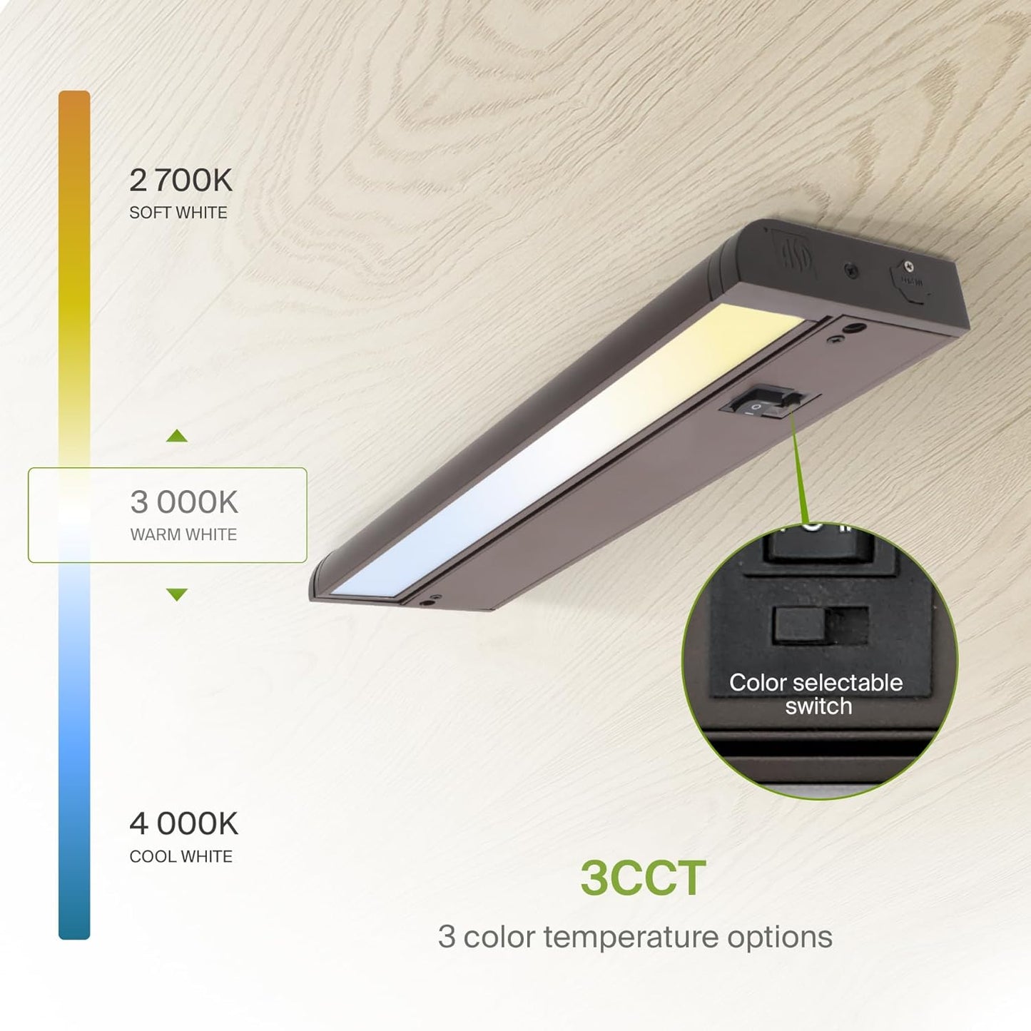 ASD Lighting LED Under Cabinet Swivel 18" 8W 120V Dimmable CCT Selectable 2700/3000/4000K Hardwired or Plug-in, Linkable, Hi/Low Switch, Oil Rubbed Bronze UL