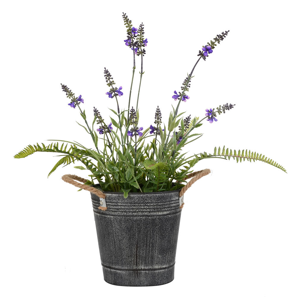 Vickerman 18" Artificial Lavender Flower Fern in Iron Pot.
