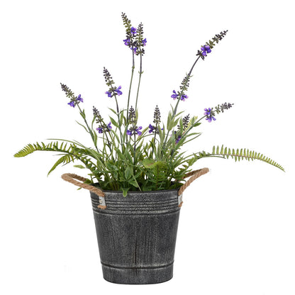 Vickerman 18" Artificial Lavender Flower Fern in Iron Pot.