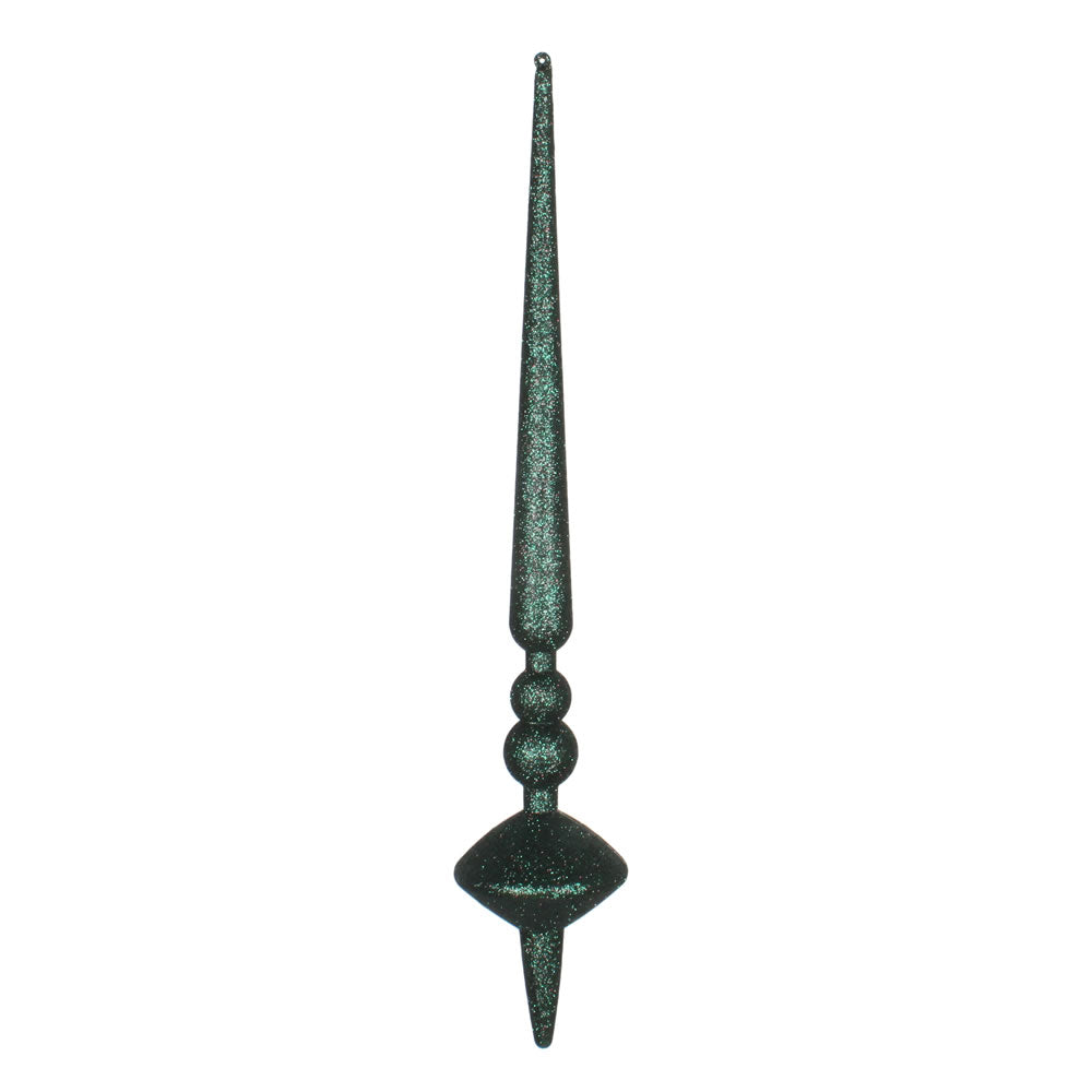 Vickerman 18" Midnight Green Glitter Cupola Finial. This long finial ornament adds depth and texture to any holiday decorating project. Made with shatterproof plastic. Includes 2 pieces per bag.