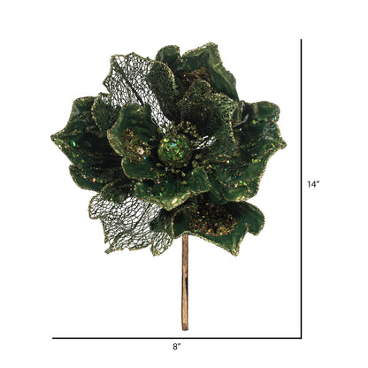 Vickerman 14" Green Pearl Glitter Magnolia Artificial Christmas Stem 3 per Bag