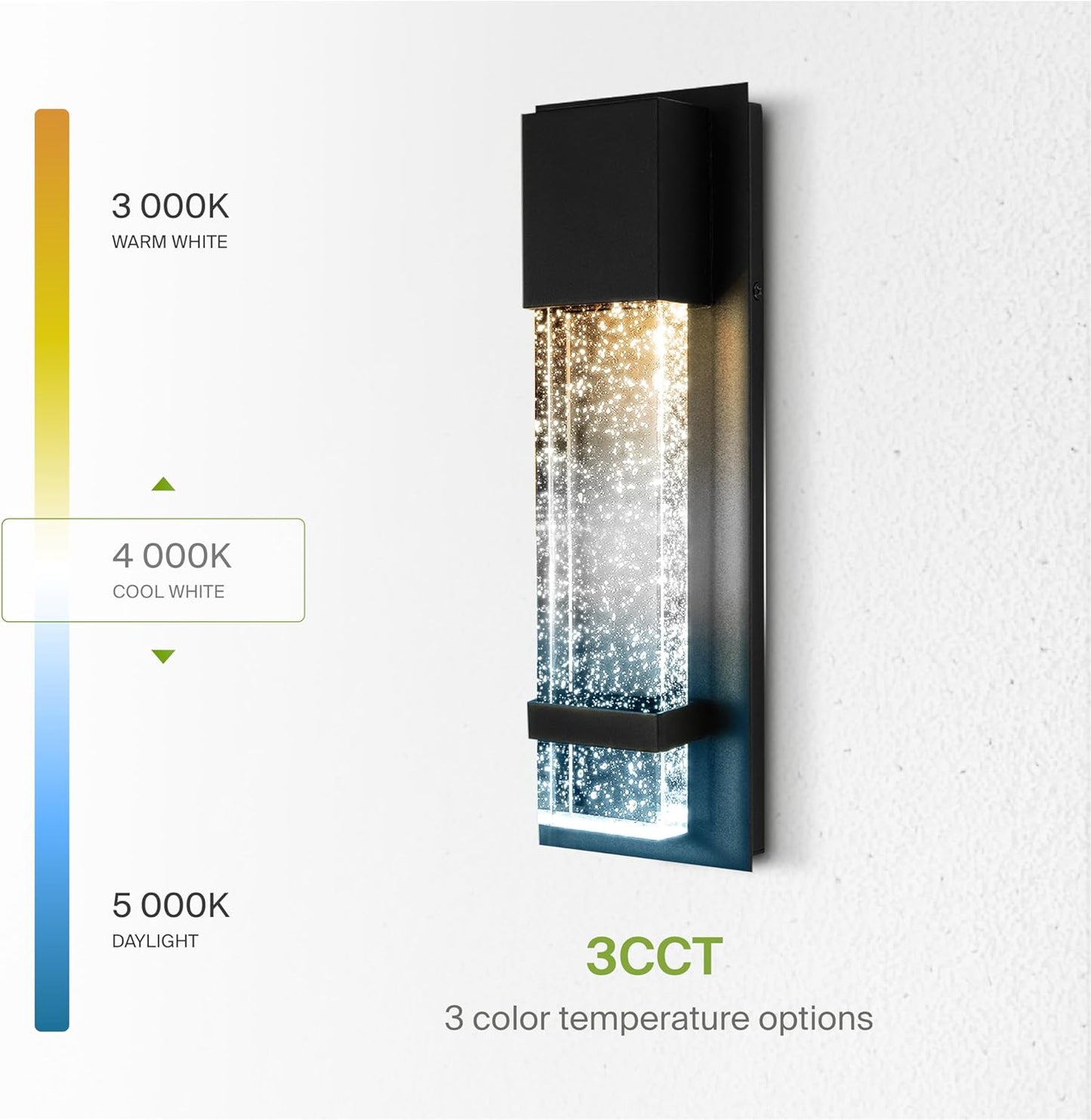 ASD Lighting LED Outdoor Wall Sconce 13" 11.5W CCT Selectable 3000/4000/5000K Dimmable Clear Seeded Glass, Black ETL