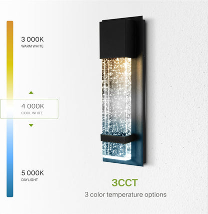 ASD Lighting LED Outdoor Wall Sconce 13" 11.5W CCT Selectable 3000/4000/5000K Dimmable Clear Seeded Glass, Black ETL
