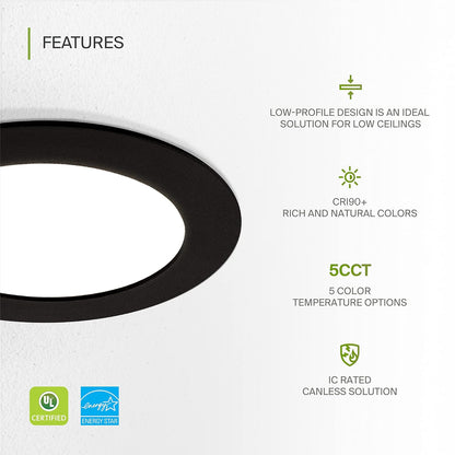 ASD Lighting LED Round Recessed Mini Panel 4" 12W 120V Dimmable CCT Selectable 2700/3000/3500/4000/5000K Black UL Energy Star 6pack