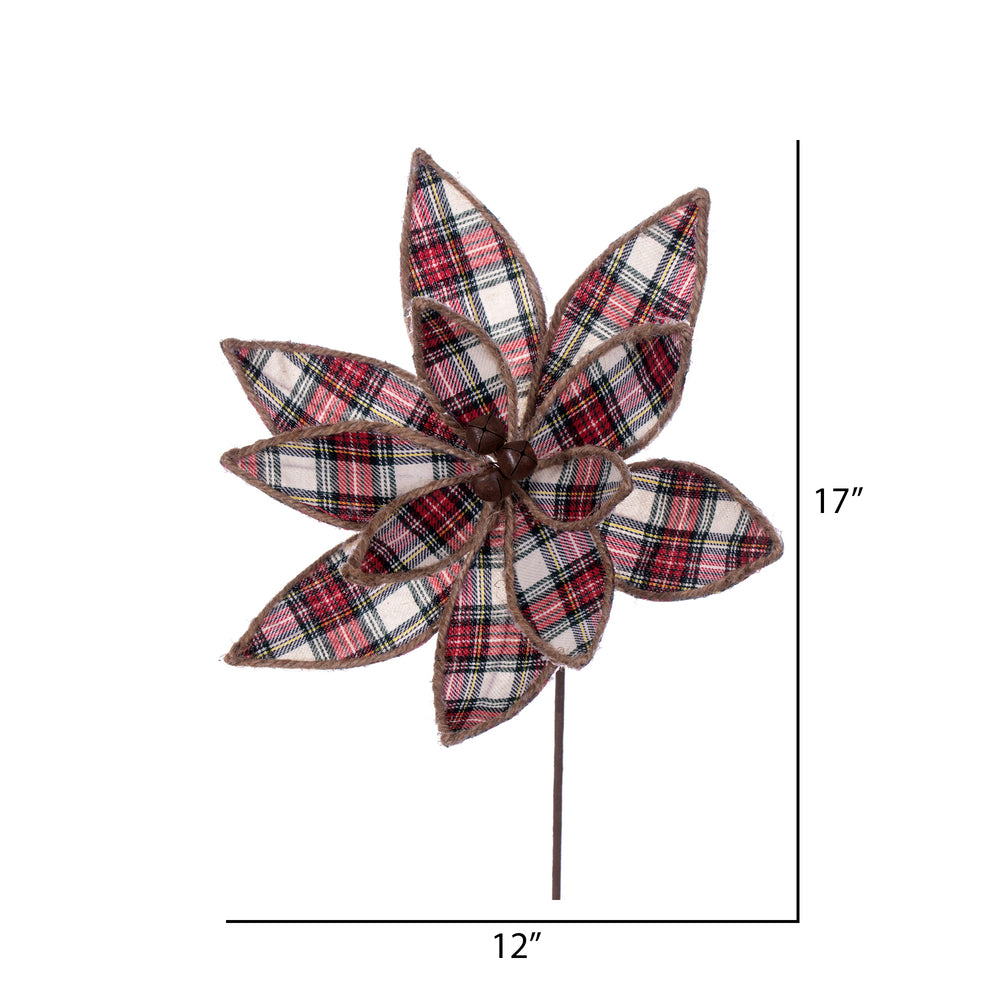 Vickerman 17" Artificial Red White and Jute Plaid Poinsettia Christmas Stem 4 per bag