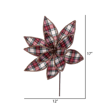 Vickerman 17" Artificial Red White and Jute Plaid Poinsettia Christmas Stem 4 per bag