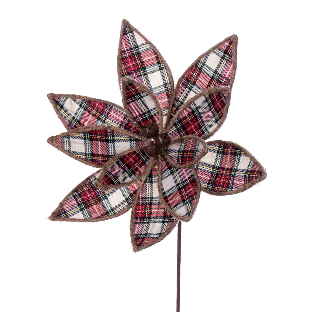Vickerman 17" Artificial Red White and Jute Plaid Poinsettia Christmas Stem 4 per bag