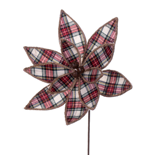 Vickerman 17" Artificial Red White and Jute Plaid Poinsettia Christmas Stem 4 per bag