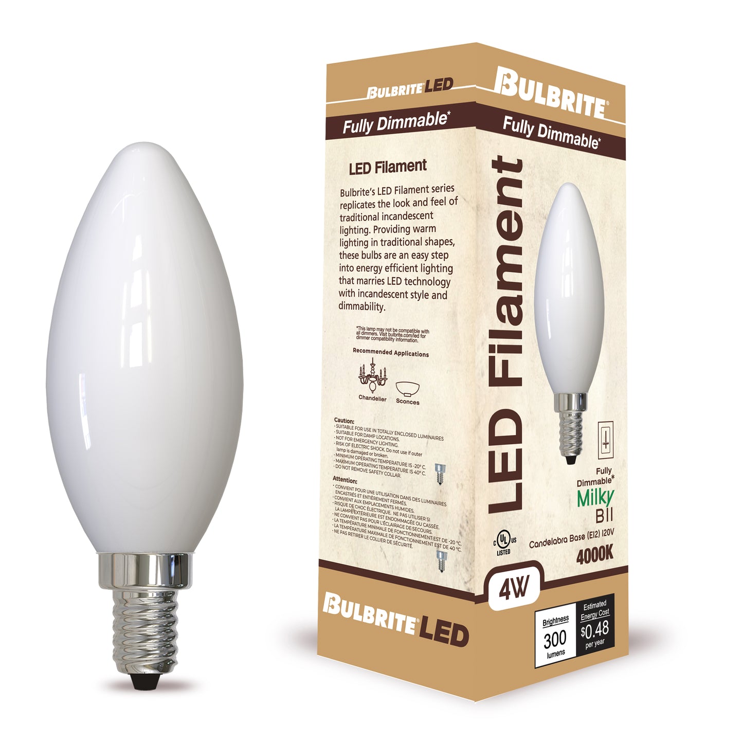 Bulbrite 4W LED LIGHT BULB B11 4000K FILAMENT MILKY FINISH E12 CANDELABRA BASE, DIMMABLE, 4PK (776933)