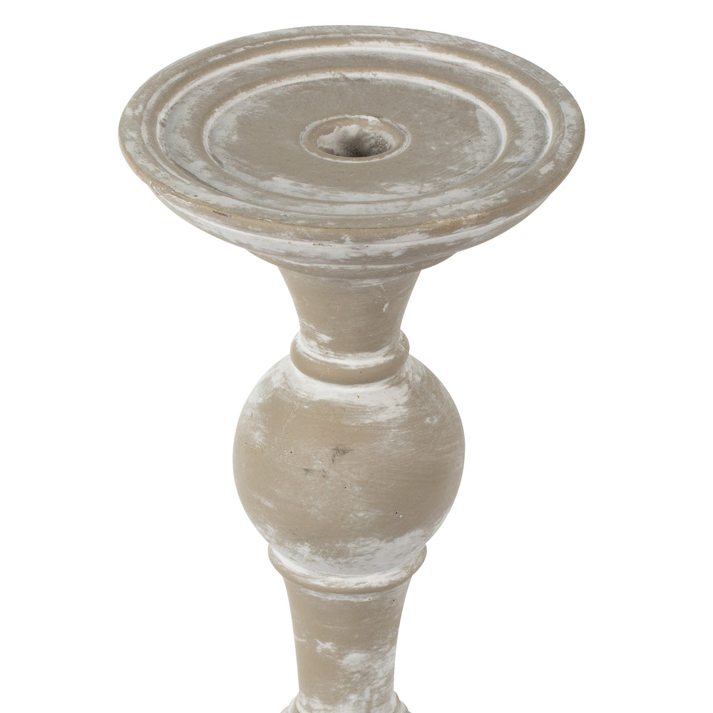 Vickerman 13" White Candlestick Polyresin. This candle stick is made of durable polyresin material. It features a modern shape with brushed accents. The candlestick measures 13" H x 5.75" W. It best suits a candle that is 3 inches in diameter.