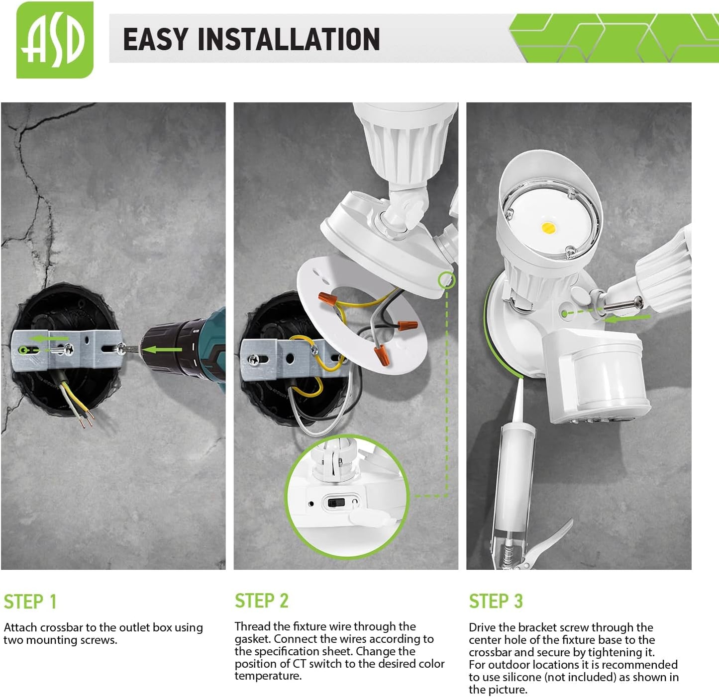 ASD Lighting LED Security Floodlight 2 round heads 20W 120-277V CCT Selectable 3000/4000/5000K with 180° Motion Sensor and Photocell White ETL