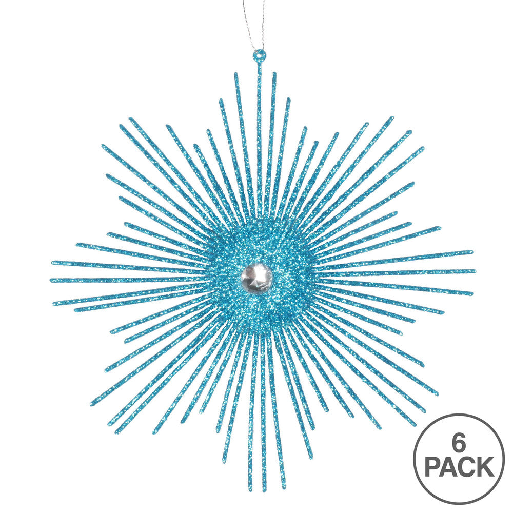 Vickerman 6.5" Turquoise Snowflake Burst Glitter Christmas Ornament 6 per Bag