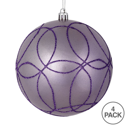 Vickerman 4" Lavender Candy Finish Ornament with Circle Glitter Pattern 4 per Bag