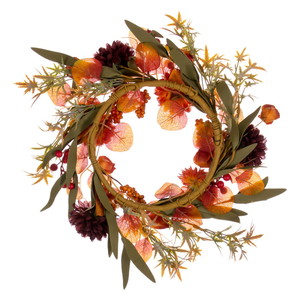 Vickerman 14" Orange and Burgundy Artificial Mixed Mum Chinese Lantern and Berry Wreath Candle Ring.